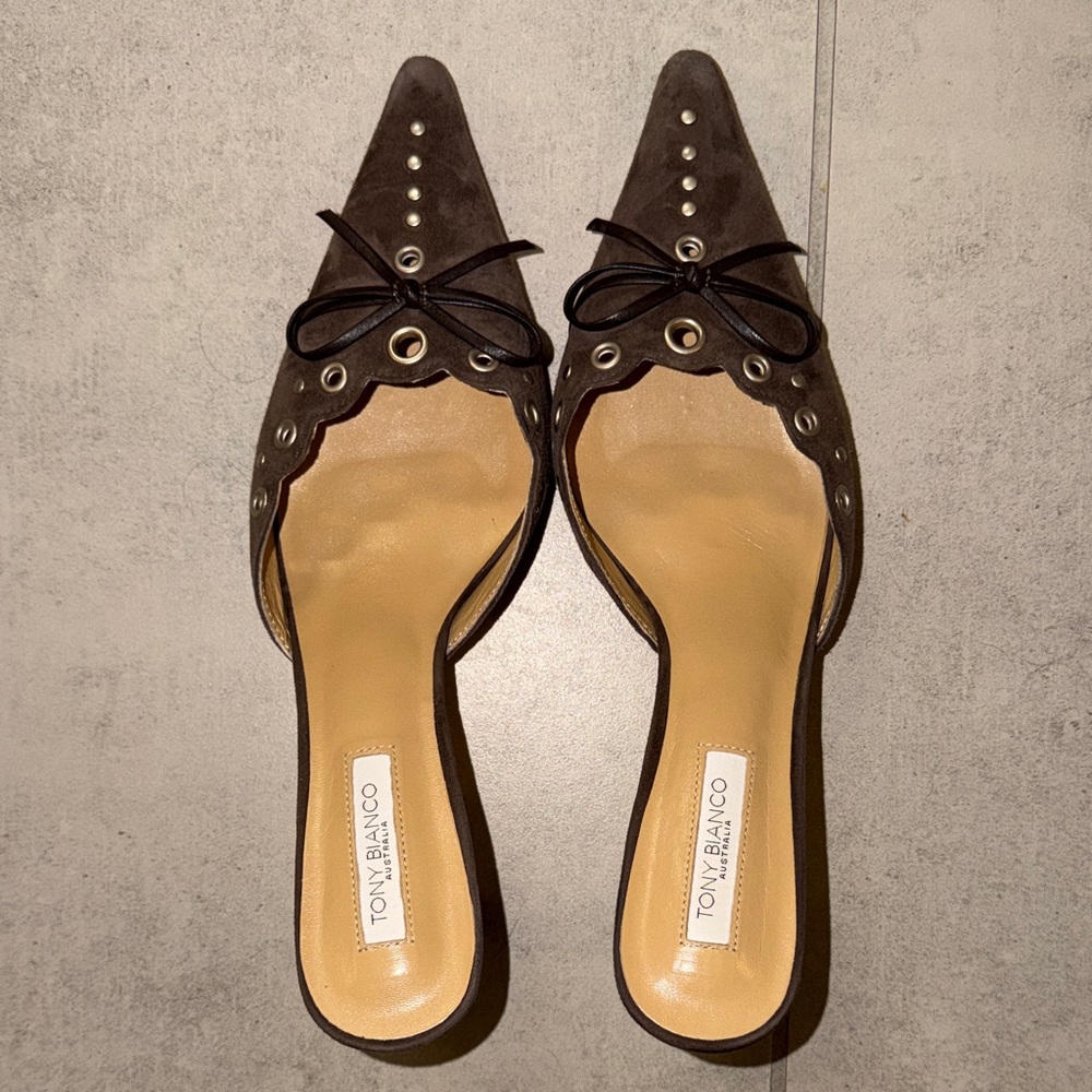 Tony Biiano Dark Brown Pointed Slip-On Mules with Eyelet Trim